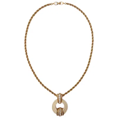 Pre-owned Grossé Grosse Gold Plated Link Necklace With A Round Cream And Rhinestone Pendant 1980s In White