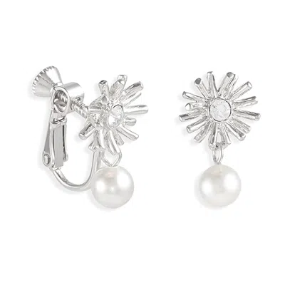 Grossé Women's Silver / White Crystal & Pearl Drop Clip On Earrings, Series Bouquet