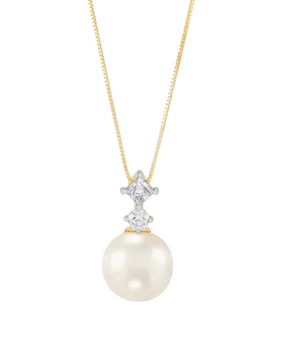 Grown With Love White Ming Cultivated Pearl (11-12mm) And Lab Grown Diamond Pendant Necklace (1/2 Ct. T.w.) In 10k Y In Gold