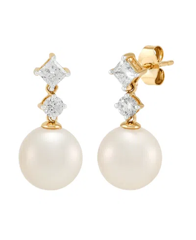 Grown With Love White Ming Cultivated Pearl (9-10mm) And Lab Grown Diamond Earrings (3/4 Ct. T.w.) In 10k Yellow Gol