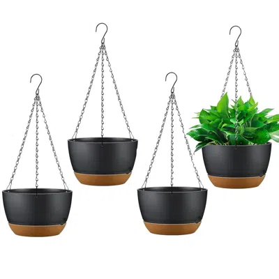 Gtlawn 4pcs Hanging Planter With 9.64in Diameter Drainage Holes Removable Self-watering Tray Plastic Hangin In Black
