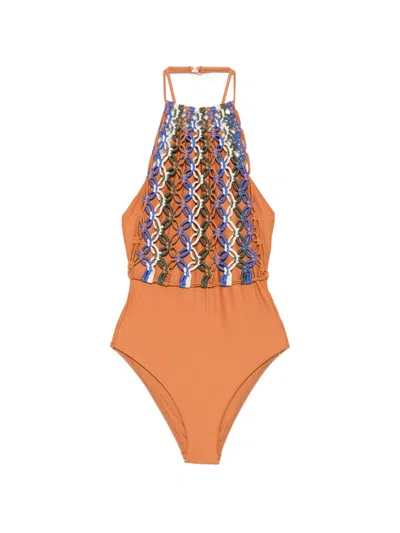 Água De Coco Macramé-detail Swimsuit In Brown