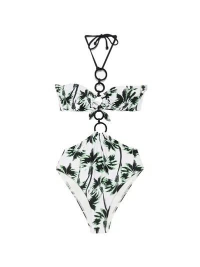 Água De Coco Palm-print Swimsuit In White