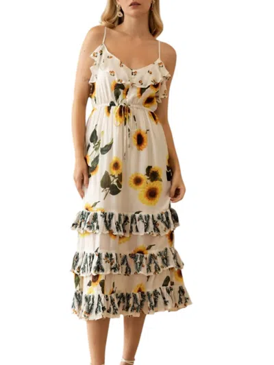 Guadalupe Design Megan Sunflower Dress In White In Multi