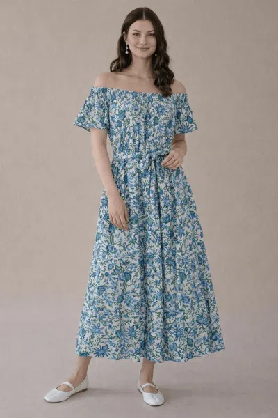 Guadalupe Design Momposina Maxi Dress In Blue Birds And Green Leaves