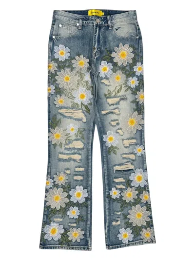 Guapi Floral-embroidered Distressed Jeans In Gray