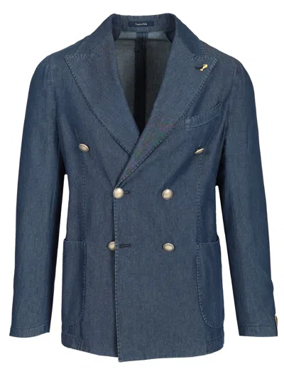 GUARINUCCI DOUBLE-BREASTED BLAZER IN WASHED DENIM JACKETS BLUE