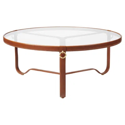 Pre-owned Gubi Large Jacques Adnet 'circulaire' Glass And Tan Leather Coffee Table For  In Brown