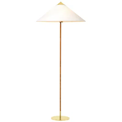 Pre-owned Gubi Paavo Tynell Model '9602' Brass And Rattan Floor Lamp With Canvas Shade For  In Brown