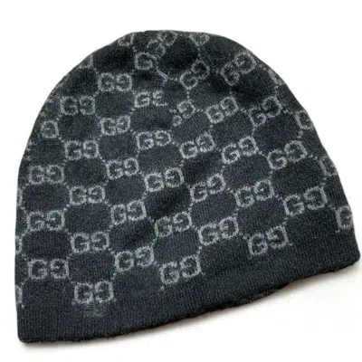 Pre-owned Gucci - Wool Beanie Gray Black Gg Mongram In Grey