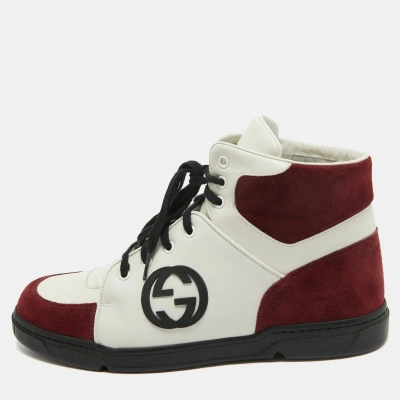 Pre-owned Gucci . Burgundy/white Gg Interlocking Leather Lace Up High Top Trainers Size 42