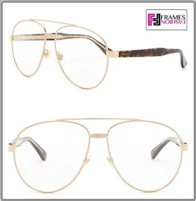 Pre-owned Gucci 0054 Crystal Tortoise Gold Aviator Unisex Oversized Etched Sunglasses 2283 In Clear