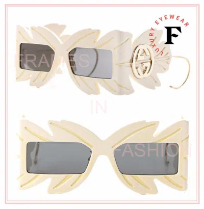 Pre-owned Gucci 0429 Gold Ivory Leaf Oversized Mask Fashion Sunglasses Gg0429s Woman 001 In Gray