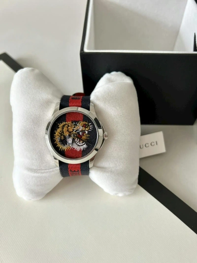 Pre-owned Gucci $1.1k Value  Embroidered Tiger Dive Watch In Navy