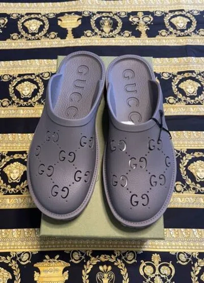 Pre-owned Gucci 100% Auth  Elea Rubber Clogs Crocs Mule Slides Gg Monogram 13 Us 13.5 In Gray