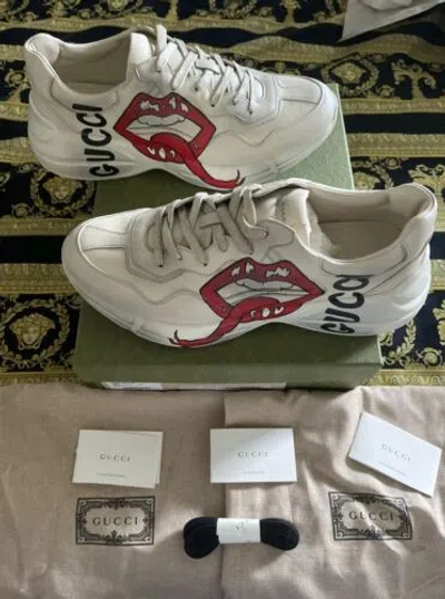 Pre-owned Gucci 100% Auth  Rython Lips Kiss Leather Sneakers Ivory 13.5 Us 14 In White