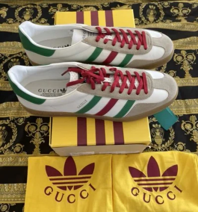 Pre-owned Gucci 100% Authentic  X Adidas Gazelle White Green Red Sneakers Us 16