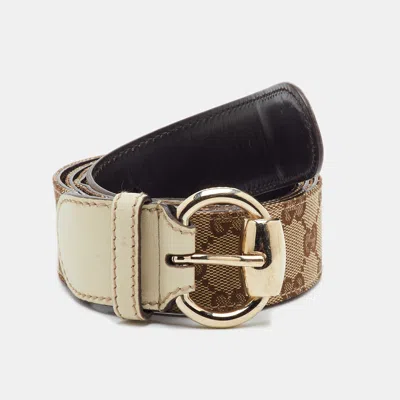 Pre-owned Gucci 100 Cm Beige/cream Gg Canvas And Leather Buckle Belt In Sand