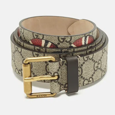 Pre-owned Gucci 100 Cm Buckle Belt Gg Supreme Kingsnake Print Canvas In Sand