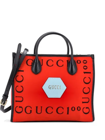 Pre-owned Gucci 100 Embroidered Felt Small Tote Bag In Red