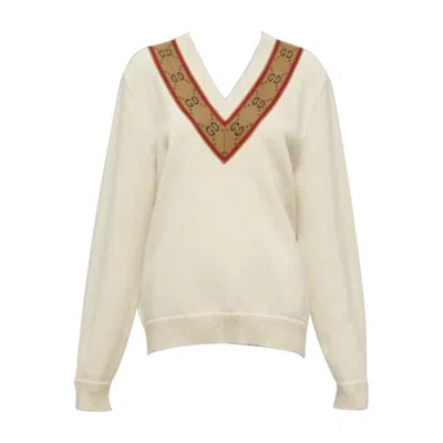Pre-owned Gucci 100% Wool Cream Vintage Gg Monogram V-neck Varsity Sweater S In White