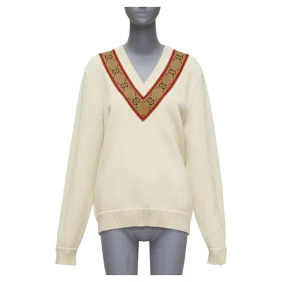 Pre-owned Gucci 100% Wool Cream Vintage Gg Monogram V-neck Varsity Sweater S In White
