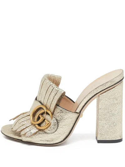 Pre-owned Gucci 100mm Fringe Gg Buckle Sandals In Gold