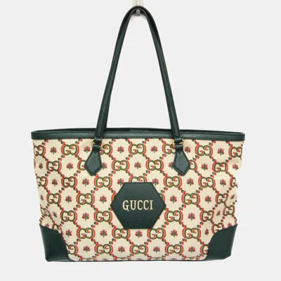 Pre-owned Gucci 100th Anniversary Model Canvas Leather Tote Bag Green Light Beige In Multi