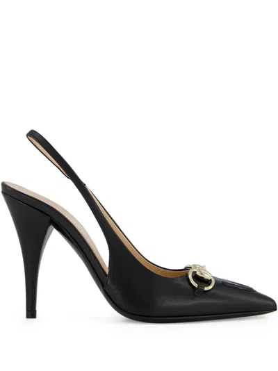 Gucci 105mm Horsebit Slingback Leather Pumps In Black