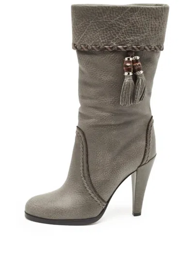Pre-owned Gucci 105mm Leather Tassel-embellished Boots In Gray
