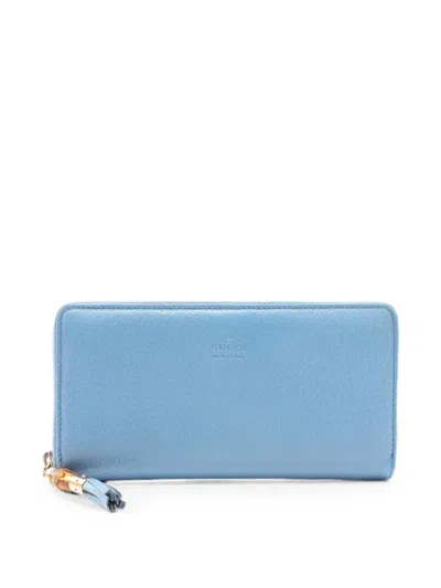 Pre-owned Gucci 10s Bamboo Leather Wallet In Blue