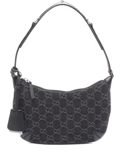 Pre-owned Gucci 10s Gg-motif Denim Shoulder Bag In Black