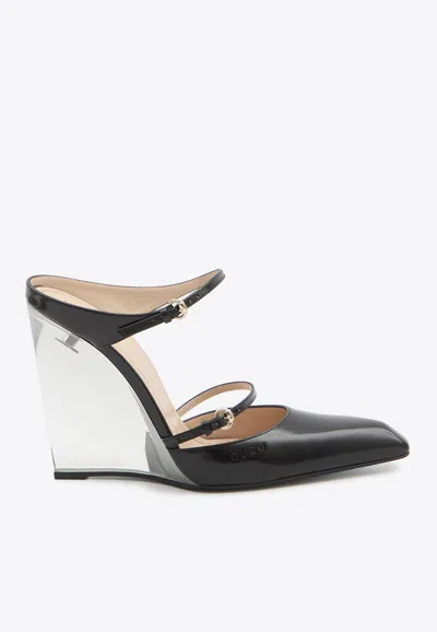 Gucci 110 Leather Wedge Mules In Black