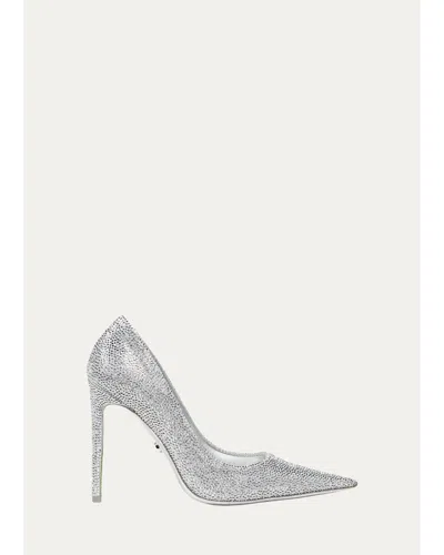 Gucci 110mm Crystal Embellished Metallic Leather Pumps In Silver