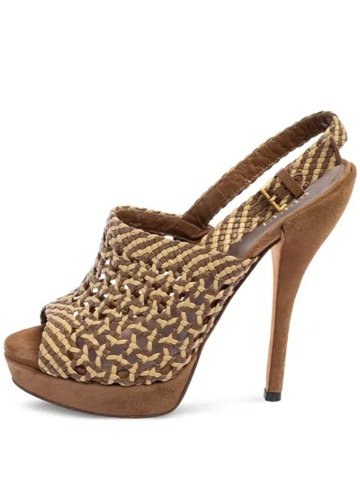 Pre-owned Gucci 135mm Woven Heeled Sandals In Brown