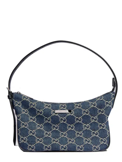 Gucci 14 Cm Height Mini Denim Shoulder Bag With Leather Trim, Adjustable Strap & Zip Pocket In Blu