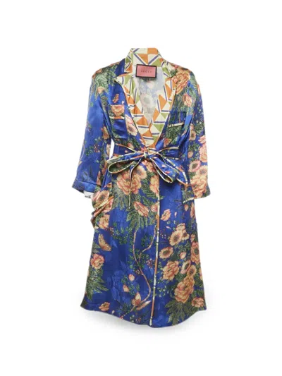 Pre-owned Gucci 花卉印花真丝睡袍 In 蓝色