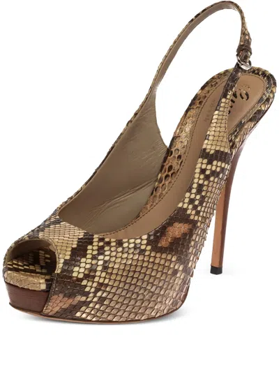 Pre-owned Gucci 140mm Snakeskin Leather Slingback Sandals In Neutral