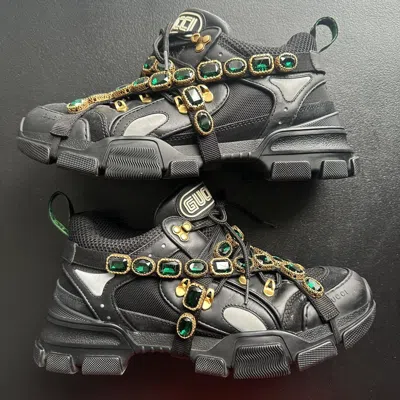 Pre-owned Gucci $1590  Flashtrek Sneaker Boot Sega Black Crystals