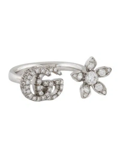 Pre-owned Gucci 18k Diamond Gg & Flower Open Cocktail Ring In Multi