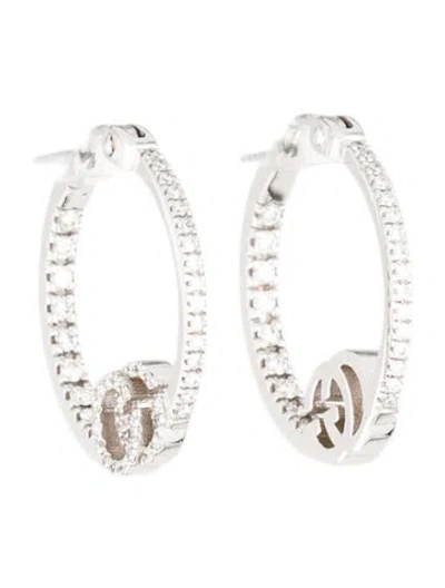 Pre-owned Gucci 18k Diamond Gg Logo Running Hoop Earrings In Multi