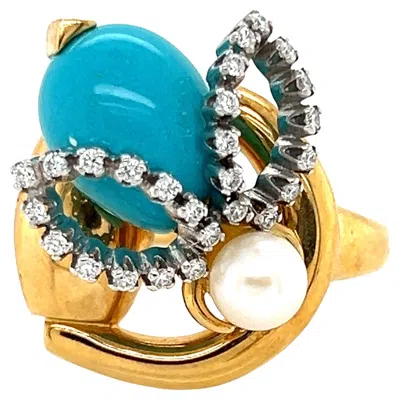 Pre-owned Gucci 18k Gold Diamond Turquoise Pearl Horsebit Bee Ring Size 6 In Multi