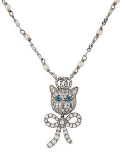 Pre-owned Gucci 18k Pearl, Diamond & Topaz Feline Bow Pendant Necklace, 16" In Multi
