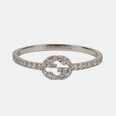 Pre-owned Gucci 18k White Gold Diamond Interlocking G Ring Size 16