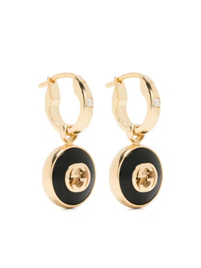 Gucci 18k Yellow Gold Interlocking G Onyx And Diamond Earrings