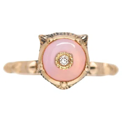Pre-owned Gucci 18k Yellow Gold Le Marches Des Merveilles Diamond Pink Motif Feline Ring