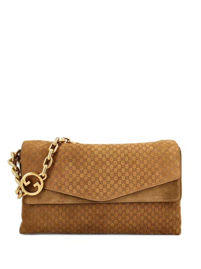 Gucci 19.5 Cm Height Embossed Gg Suede Mini Shoulder Bag With Chain Strap And Detachable Leather Str In Marrone
