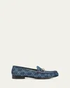 Gucci Denim Loafers With Embroidered Monogram Pattern In Denim Azure Blue