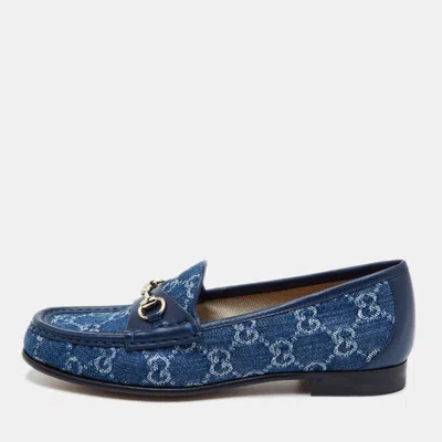 Pre-owned Gucci 1953 Horsebit Size 36 Navy Blue Gg Denim And Leather Slip On Loafers