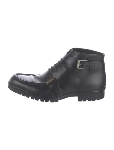 Pre-owned Gucci 1955 Horsebit Accent Leather Lace-up Boots In Black